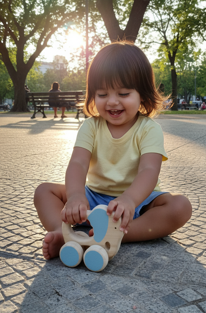 Niña jugando con un juguete de arrastre, un elefante de madera color natural y celeste, YO EXPLORO